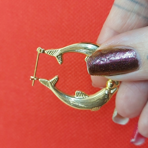 14K Gold Fish Hoop Earrings - Picture 7 of 7